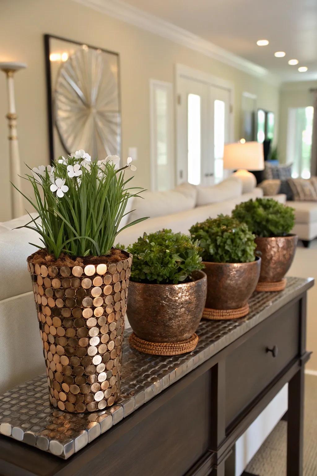 Penny-covered flower containers offering a unique metallic sheen.
