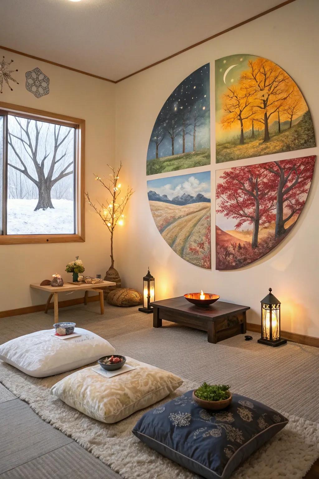 A circular painting that embodies the continuous cycle of the four seasons.