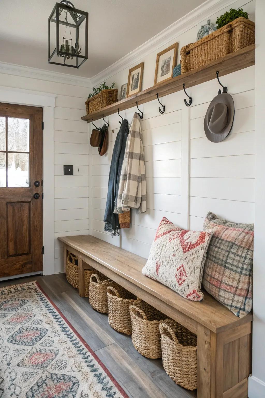 A provisional entryway employing clever furniture arrangement.