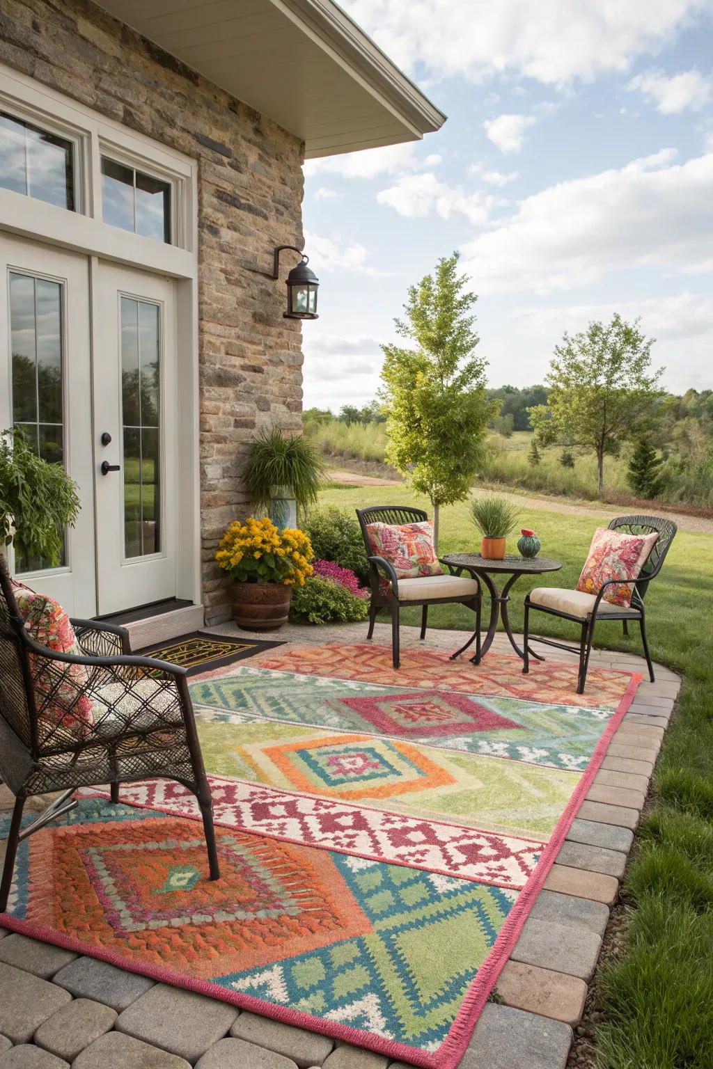 Outdoor rugs enhance the porch's style and comfort.