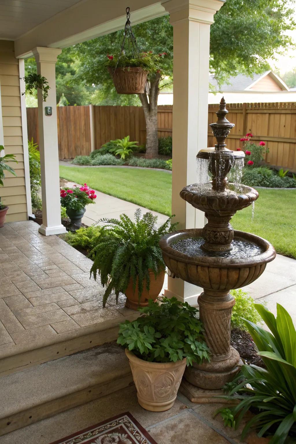 Your porch gains tranquility and movement from a water feature.