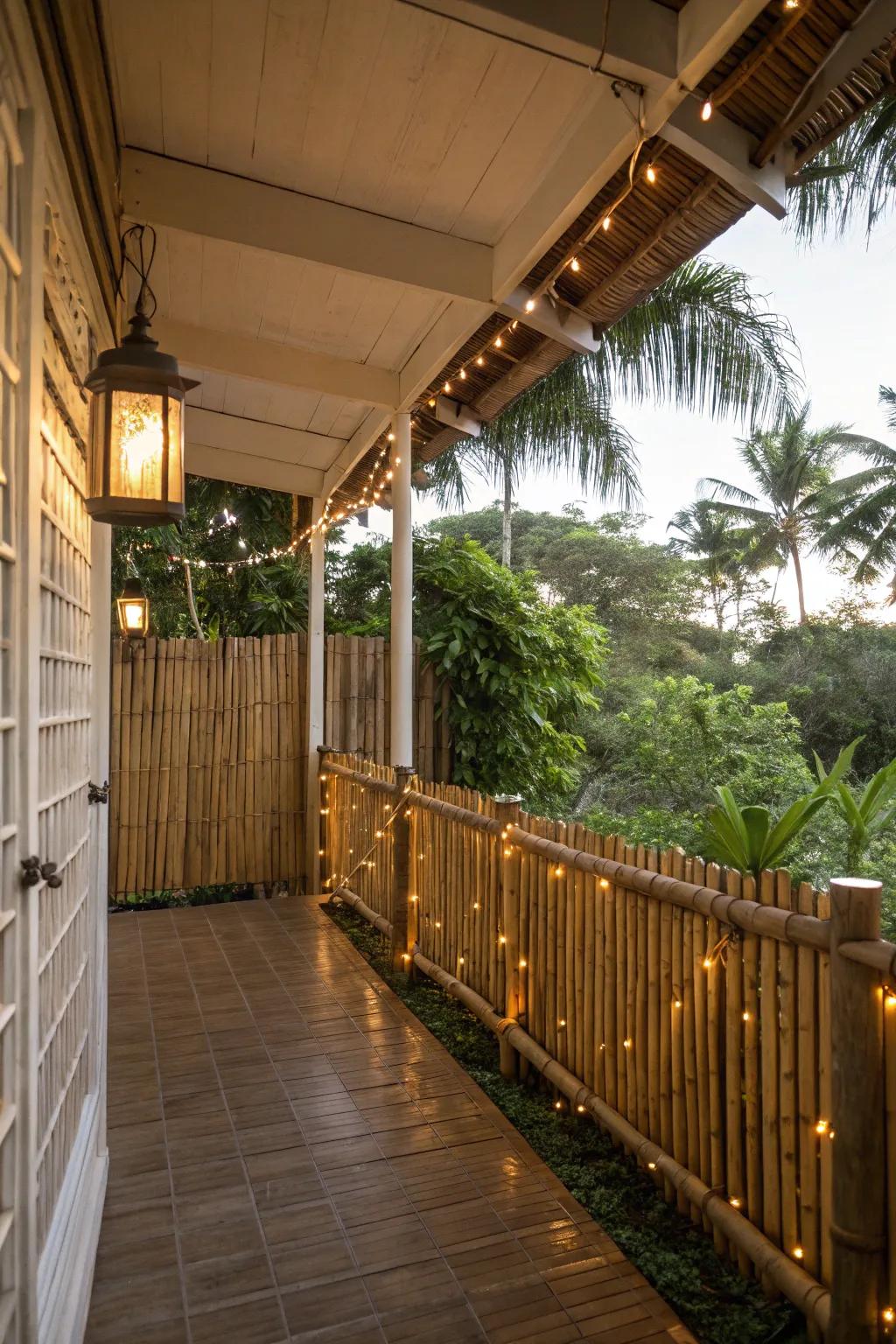Bamboo enclosure with fairy lights introduces privacy and a tropical sensation.