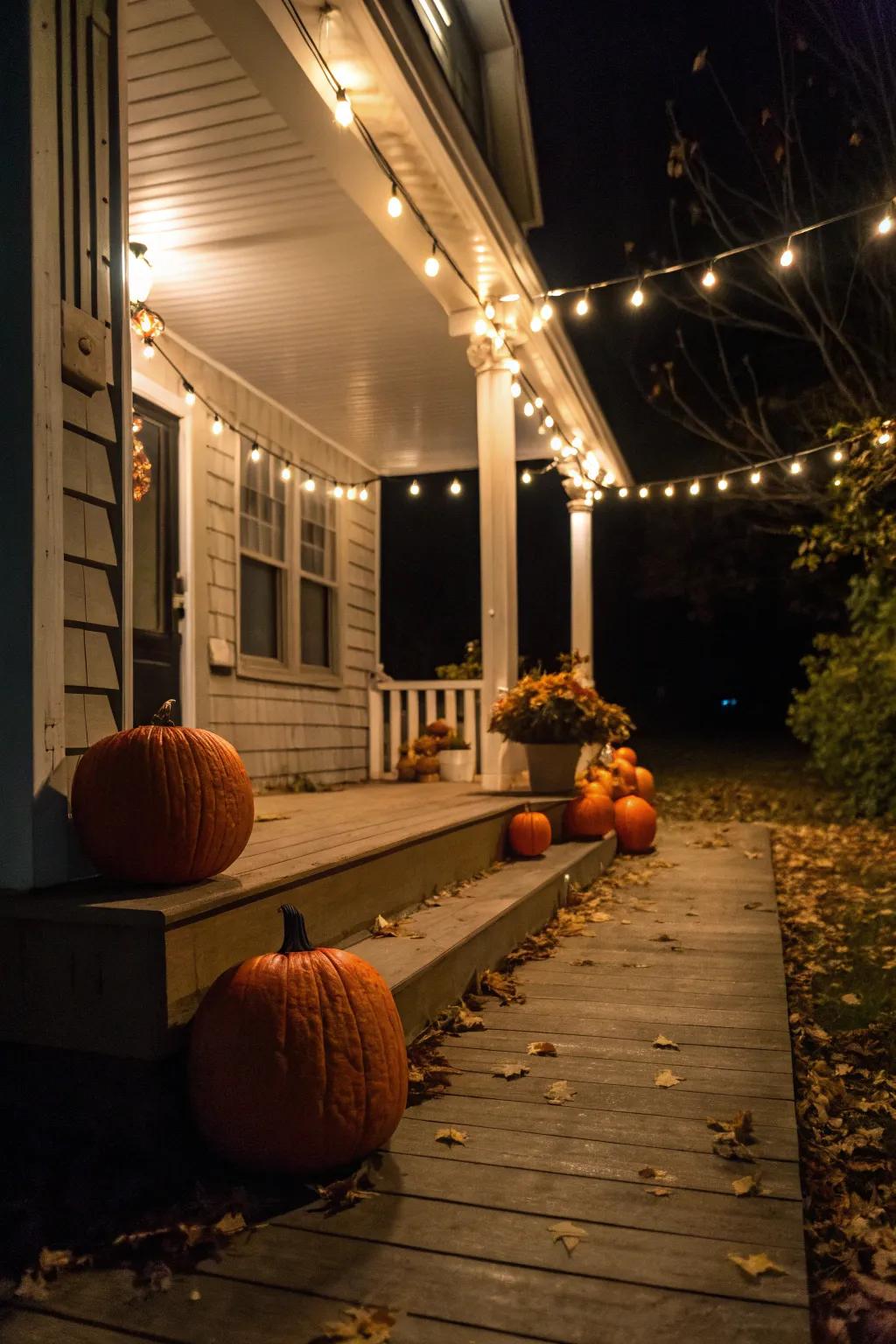 Sequential lights forge a magical atmosphere amongst <strong>gourds</strong>.” loading=”lazy” class=”pimg”>
</picture><figcaption>Sequential lights forge a magical atmosphere amongst <strong>gourds</strong>.</figcaption></figure>
<p>Drape <strong>sequential lights</strong> around your gourd arrangement delivering a magical after-dark radiance. It transfigures your veranda into a welcoming haven after dusk.</p>
<h3>Consider these options:</h3>
<ul class=