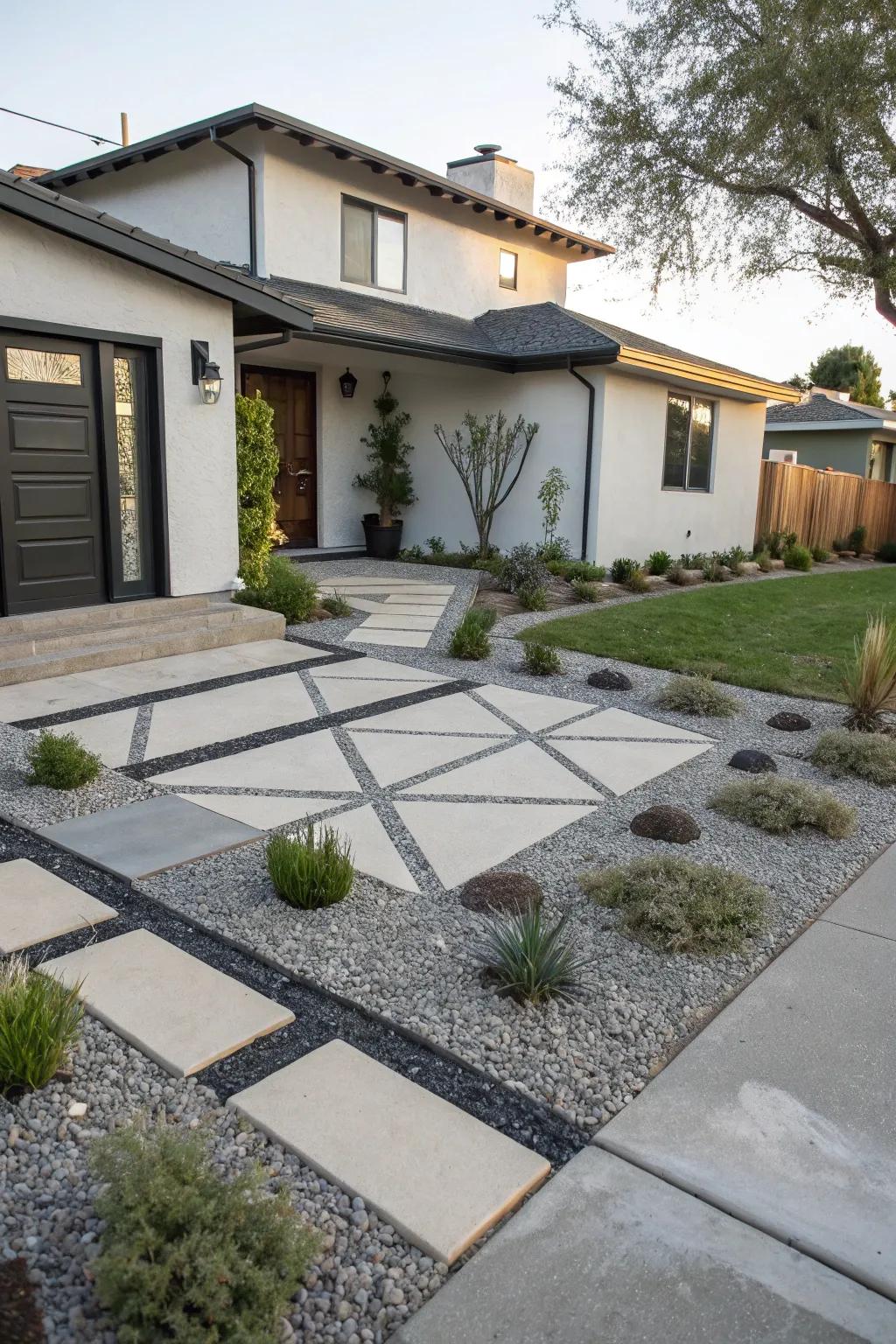 Geometric gravel schemes introduce a modern aesthetic.