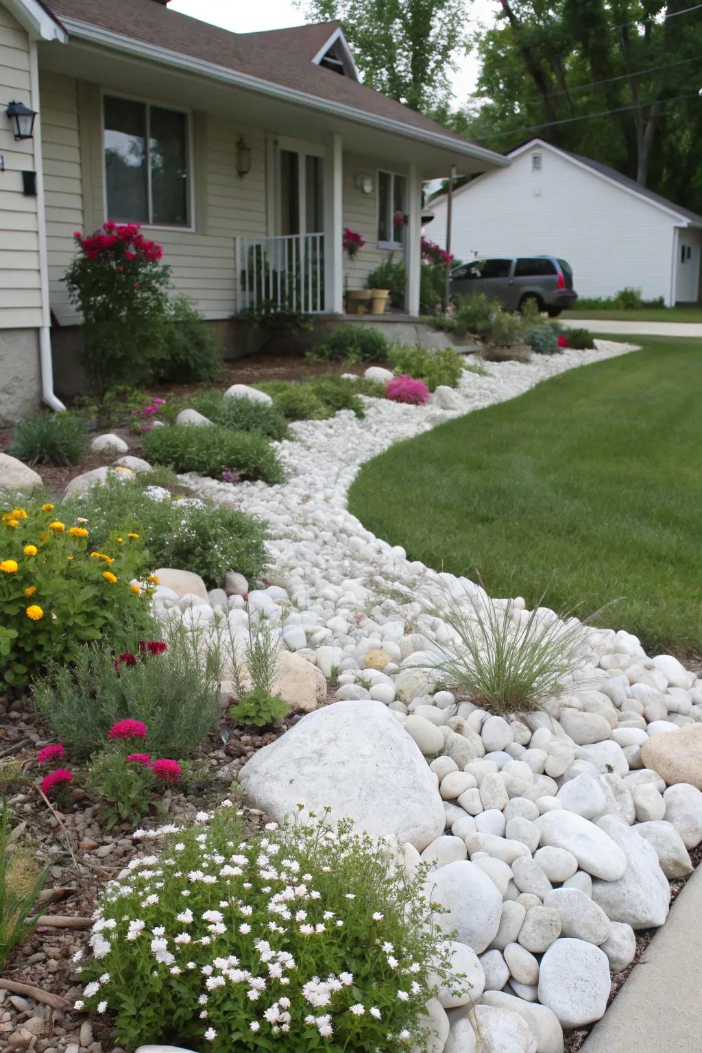 Native plants integrated with pure rocks for sustainable beauty.