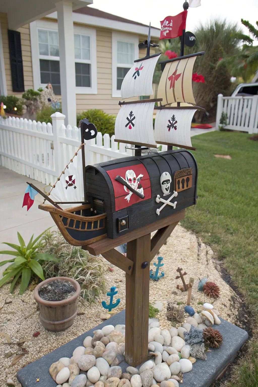A buccaneer ship mailbox that's a swashbuckling addition to any yard.
