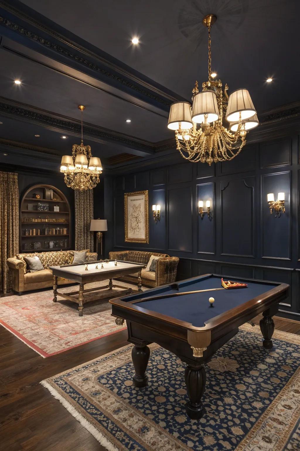 Deep, rich shades foster an intimate and lavish game room atmosphere.