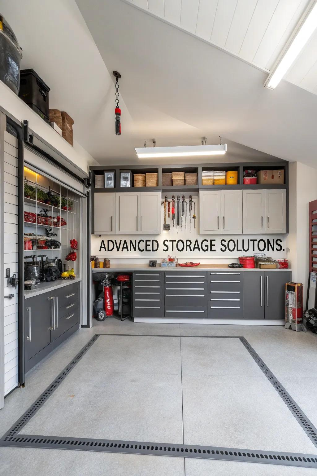 A garage enhanced with smart storage solutions for ultimate organization.