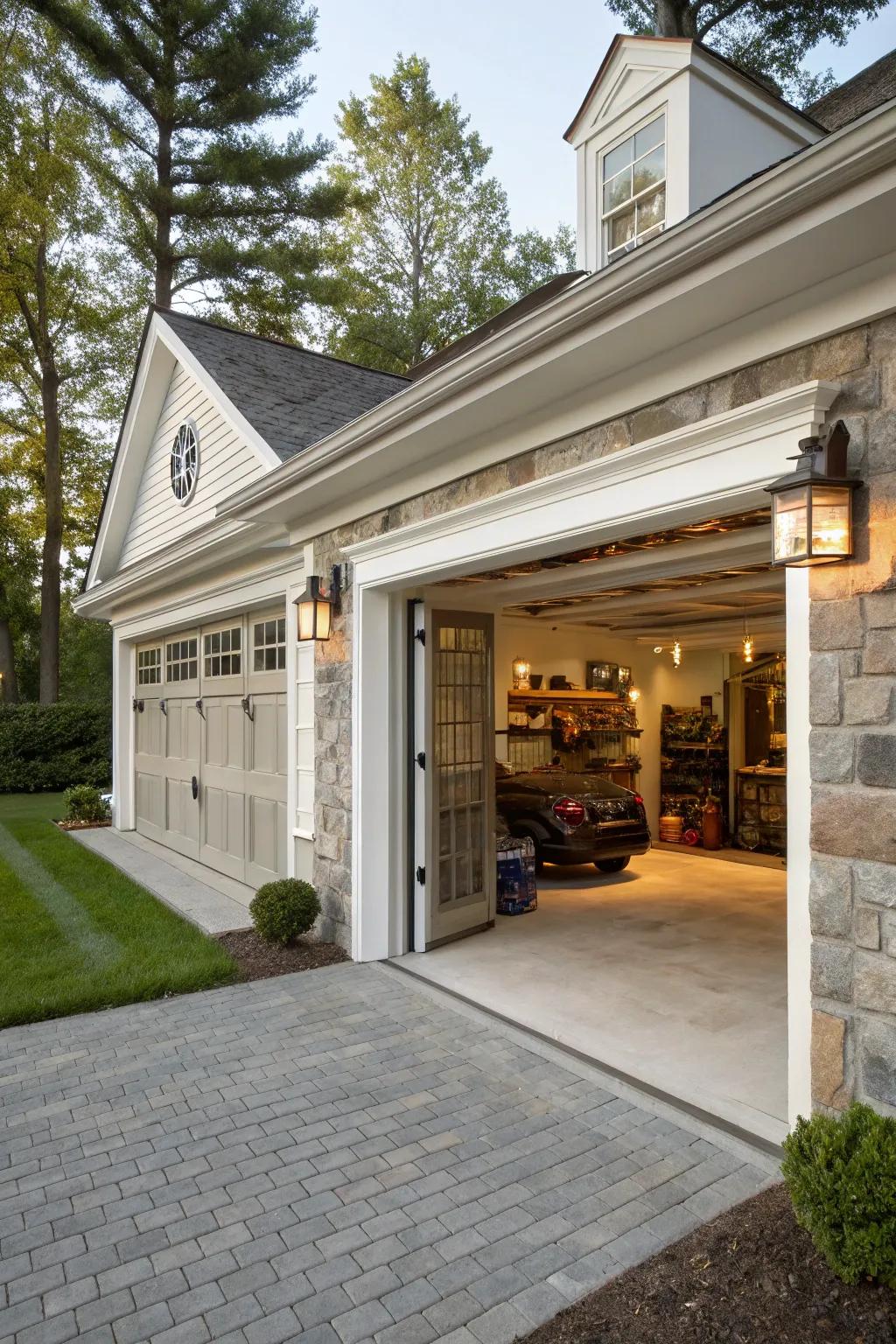 Apex embellishment imparting elegance to garage trim.
