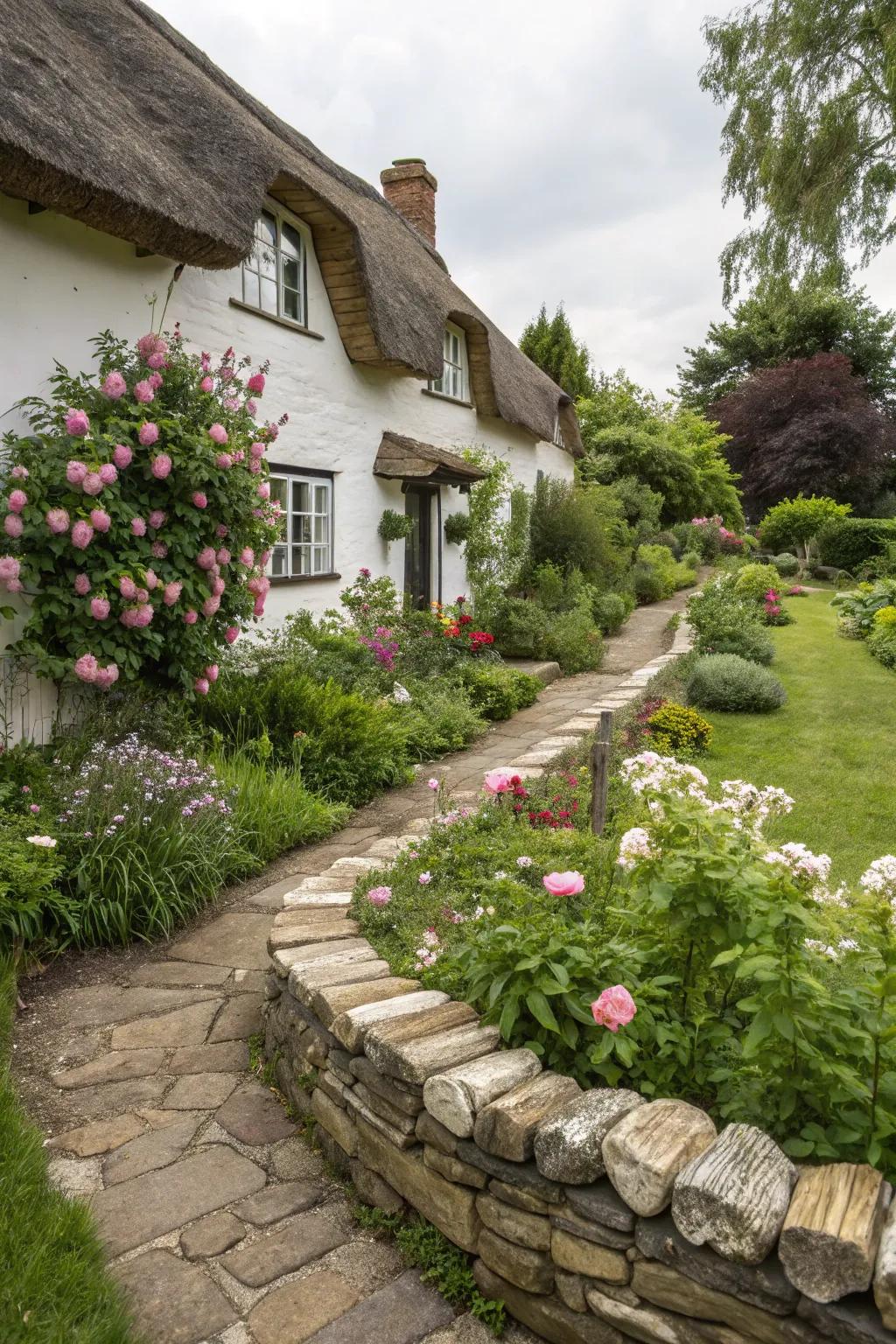 Piled rock edging imparts cottage-esque charm to any garden.