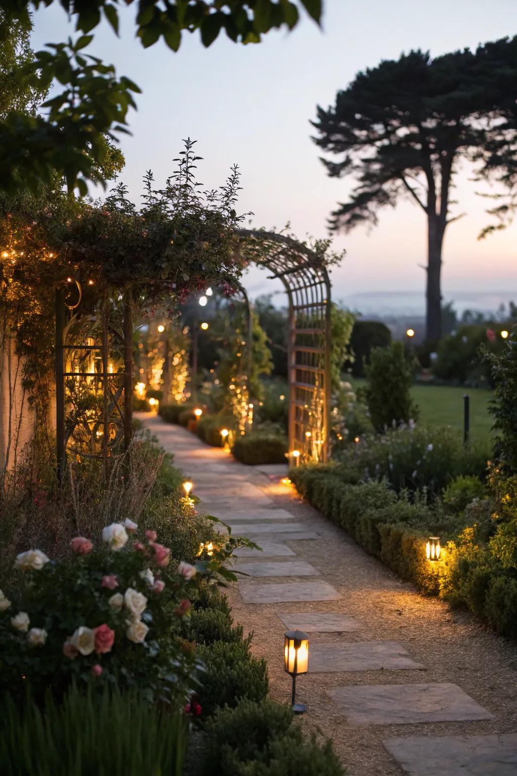 A garden turned by soft lamps, highlighting routes and plants.