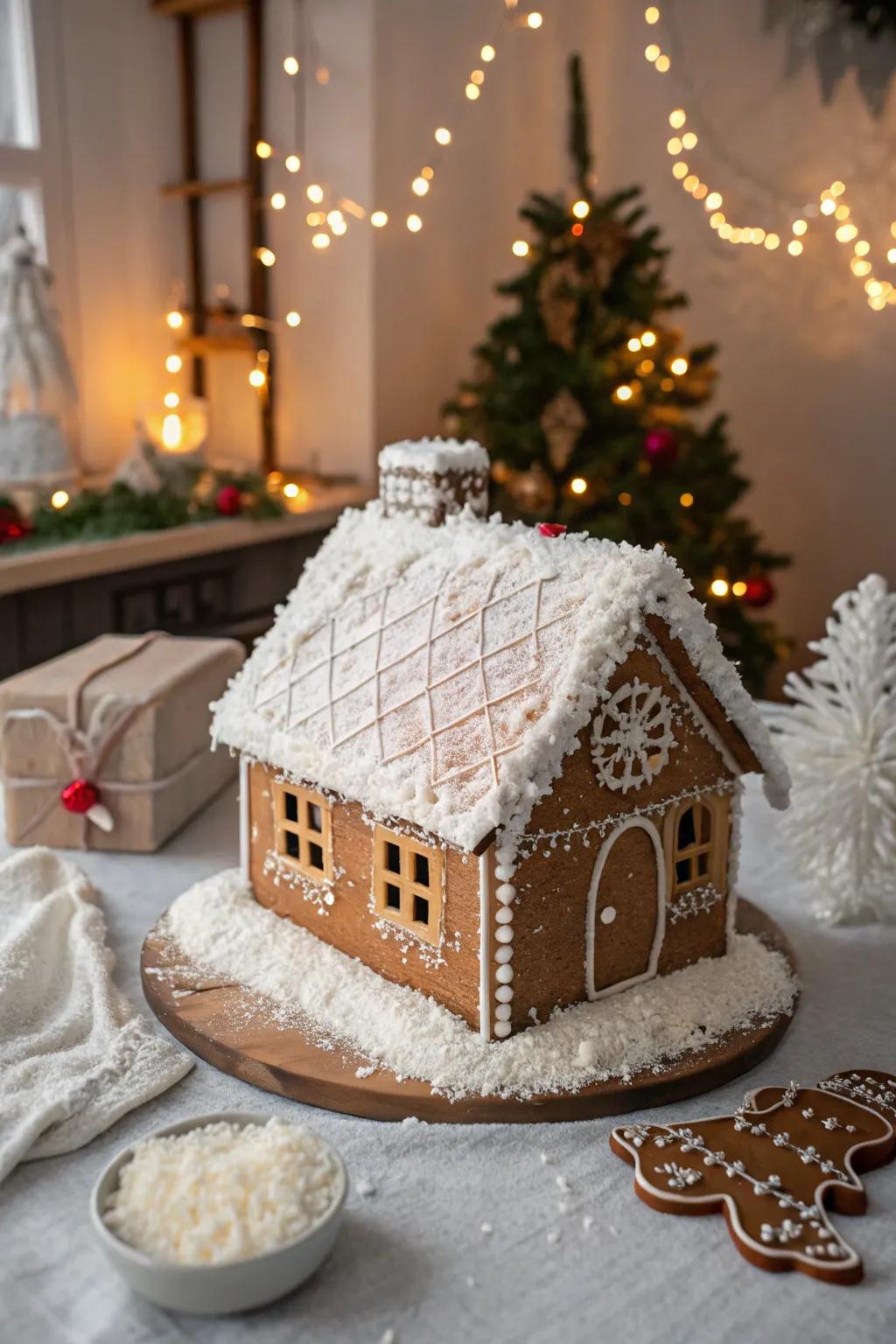 A coco snow-covered gingerbread roof.