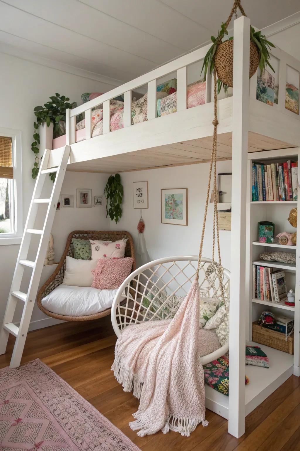 A swing seat introduces whimsy and relaxation.