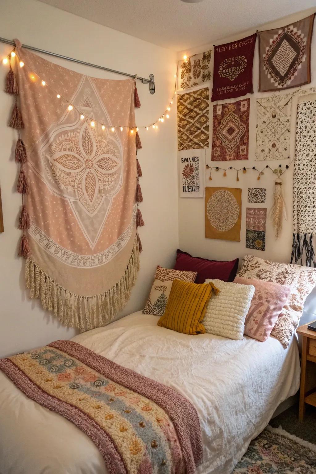 Layered fabrics inject warmth and texture into the area.