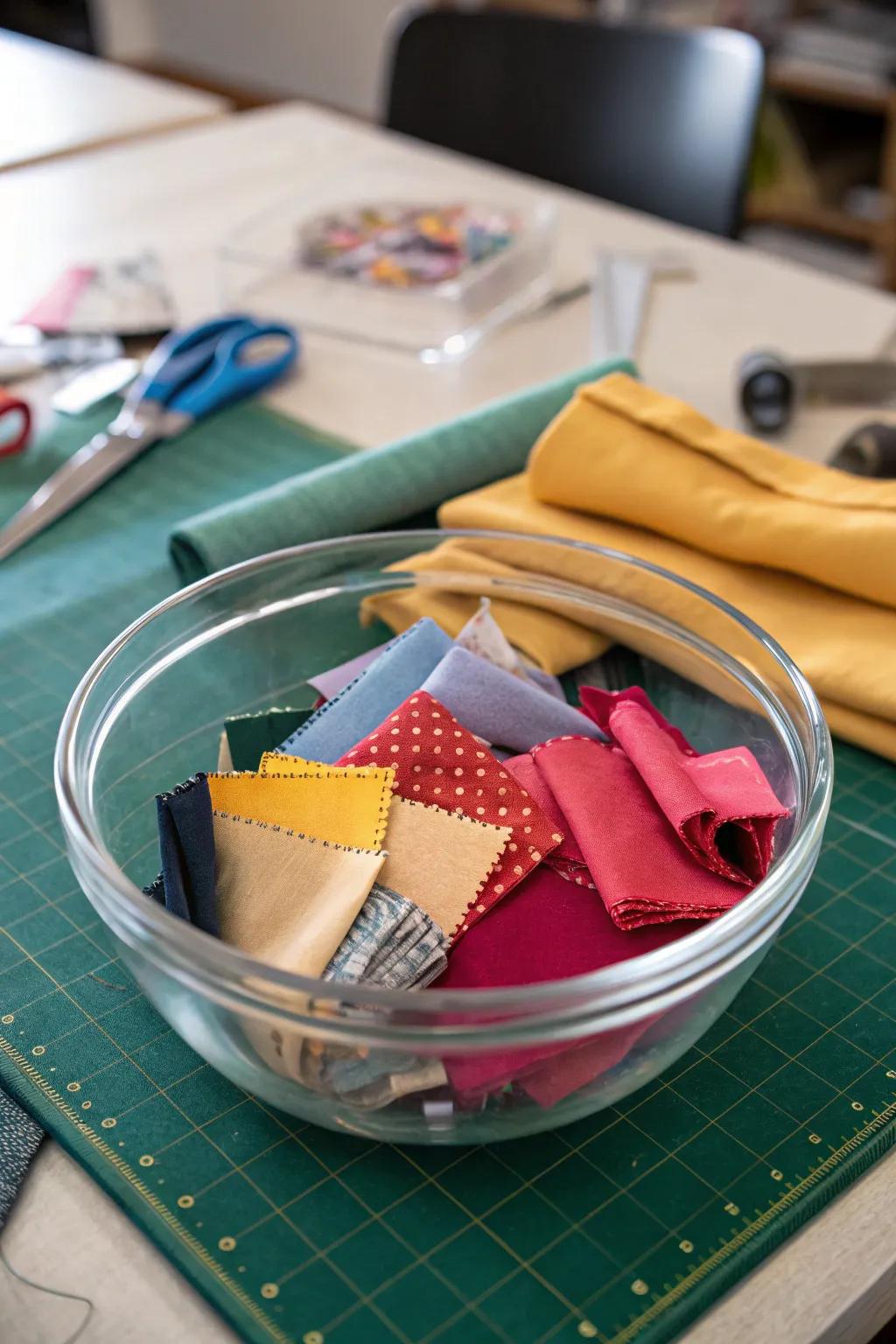 A tactile display showcasing fabric and textures within a glass bowl.