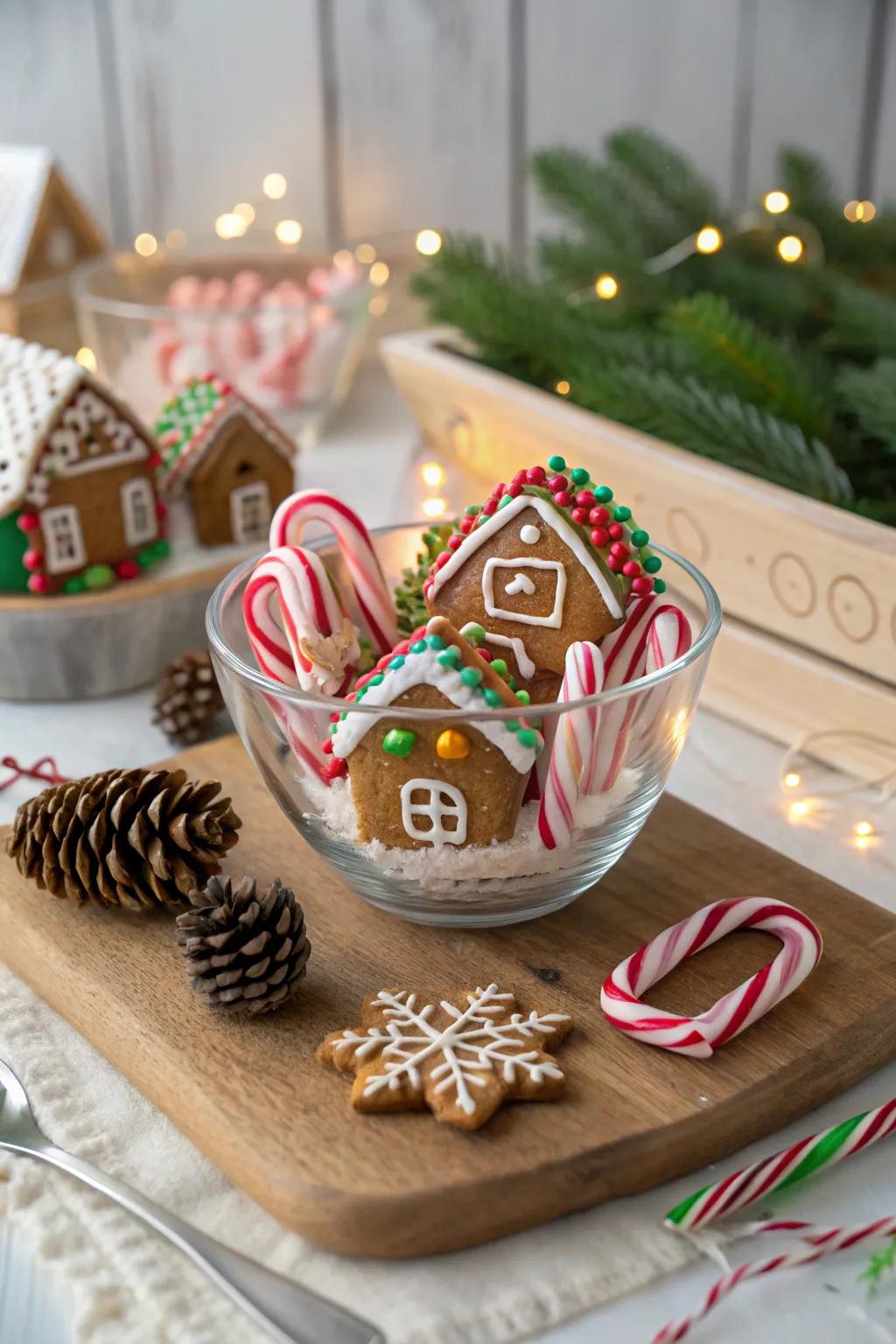 Gingerbread enchantment, evidenced by sweet confections nestled within a crystal vessel.