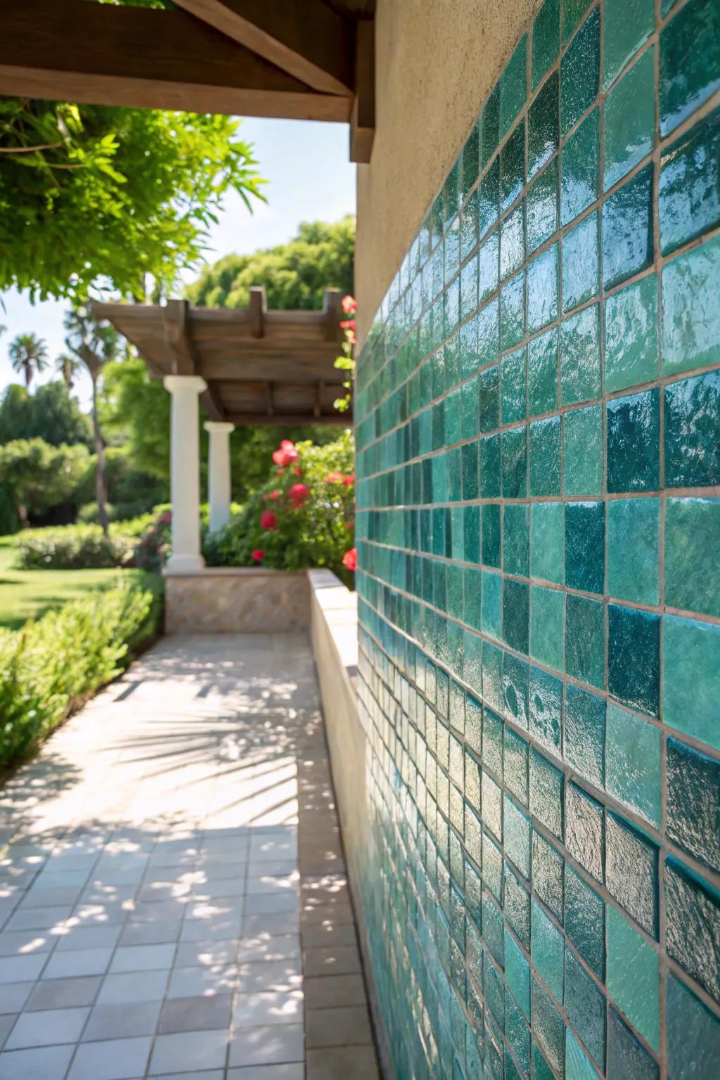 Glass tiles possess the ability to transform exterior expanses into enlivening retreats.