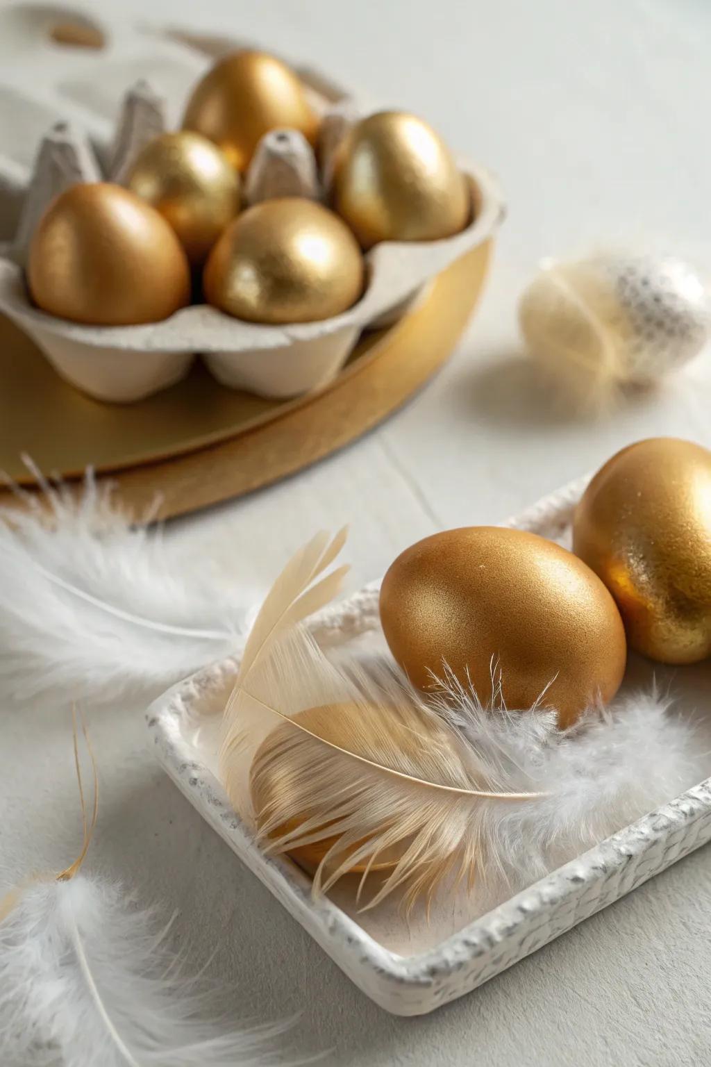 Plumage-adorned gilded eggs evoke a whimsical, ethereal ambiance.