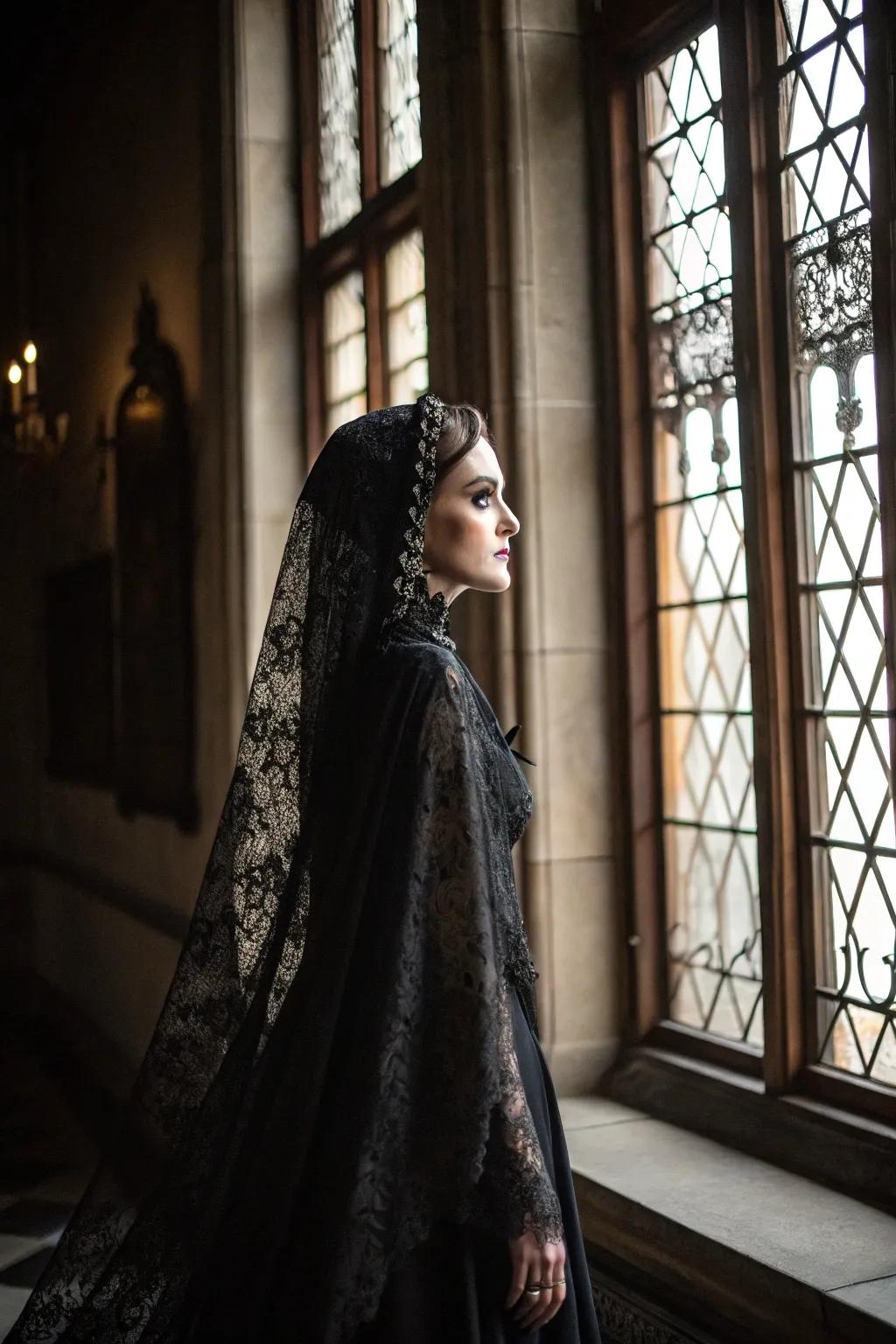 A Gothic bride adorned with a theatrical shadowy lace head covering and cloak.