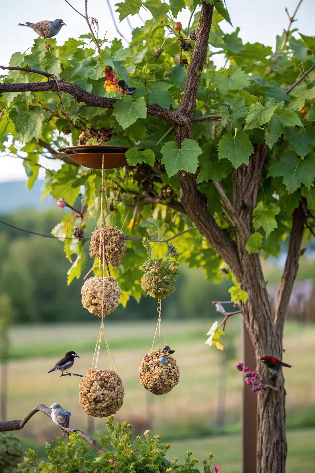 A grapevine tree embellished with avian-friendly ornaments, welcoming nature into your garden.