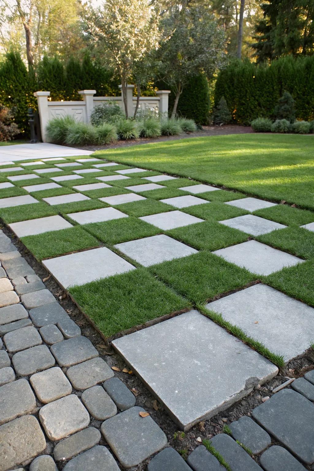 A playful checkerboard effect featuring turf and stone.