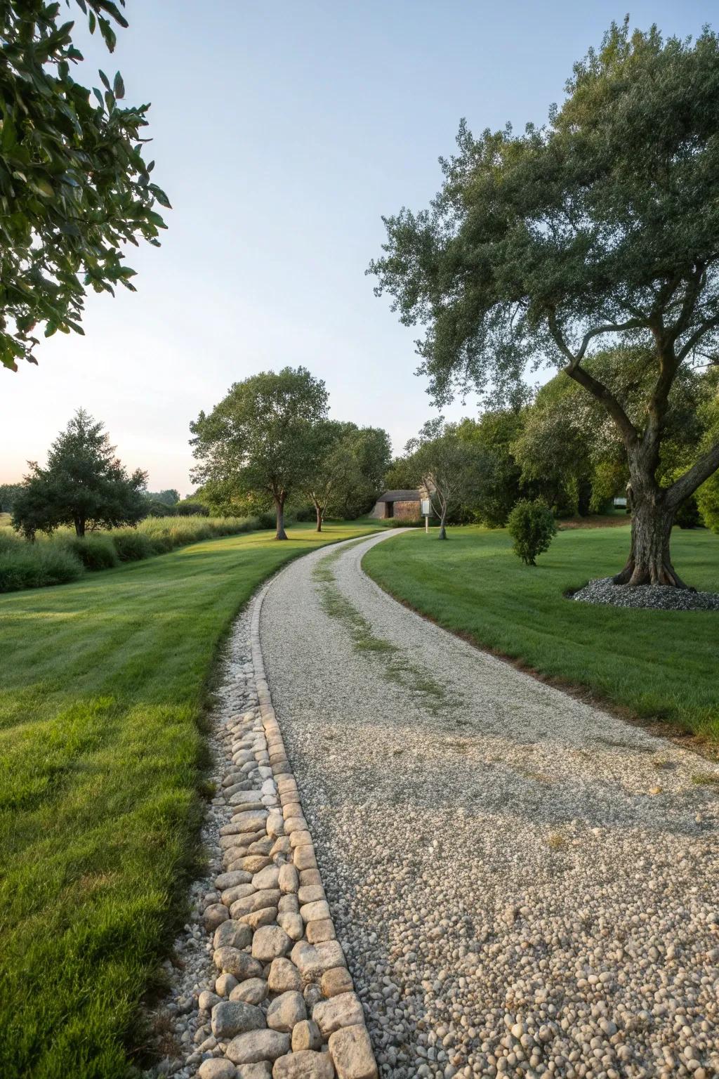 Indigenous stone itineraries enhance the texture and navigation of gravel driveways.