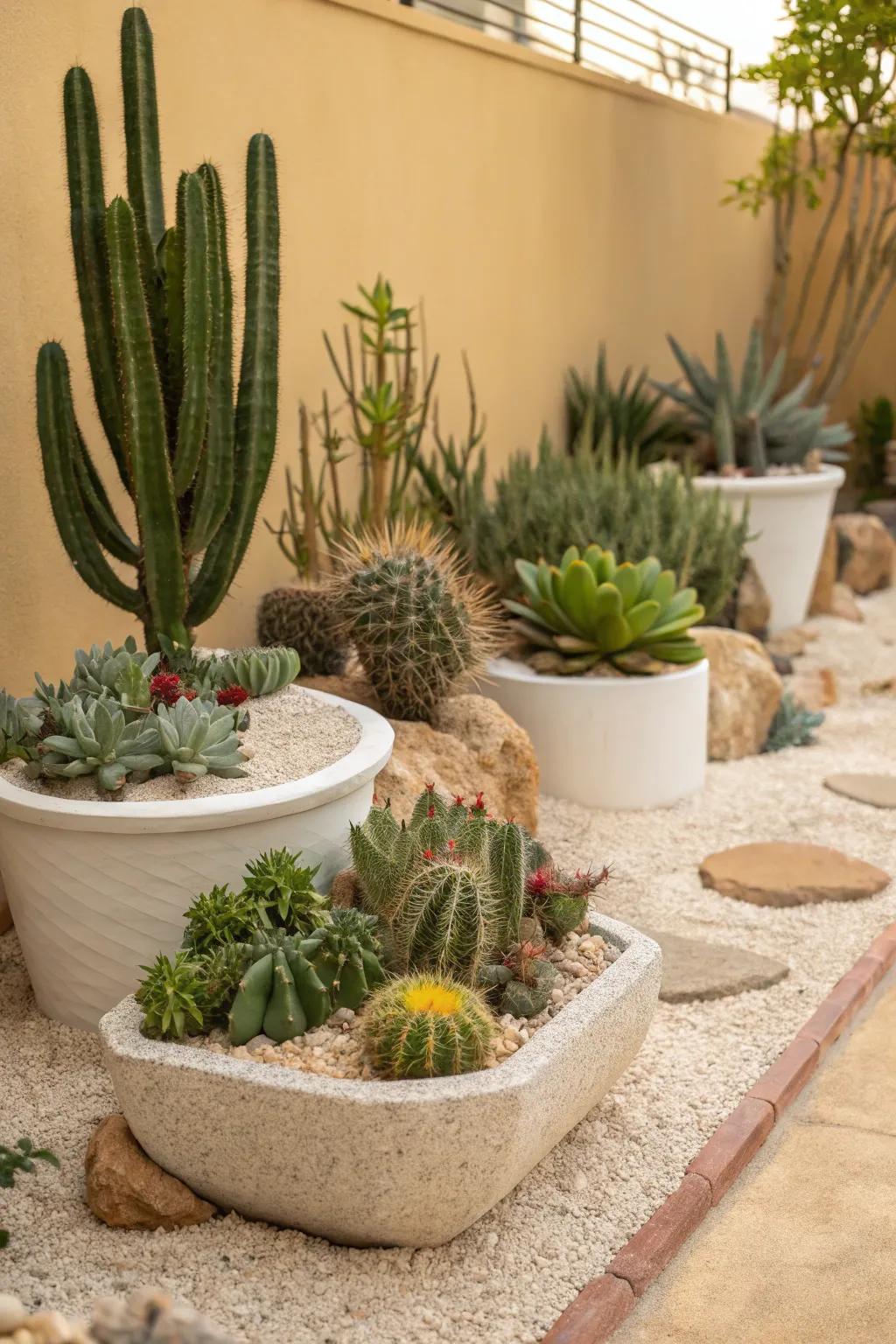 Cacti form a compelling desert landscape within the gravel garden, augmenting its visual character.
