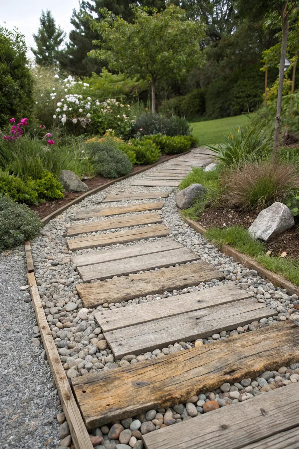 A gravel path incorporating mixed textures for added allure