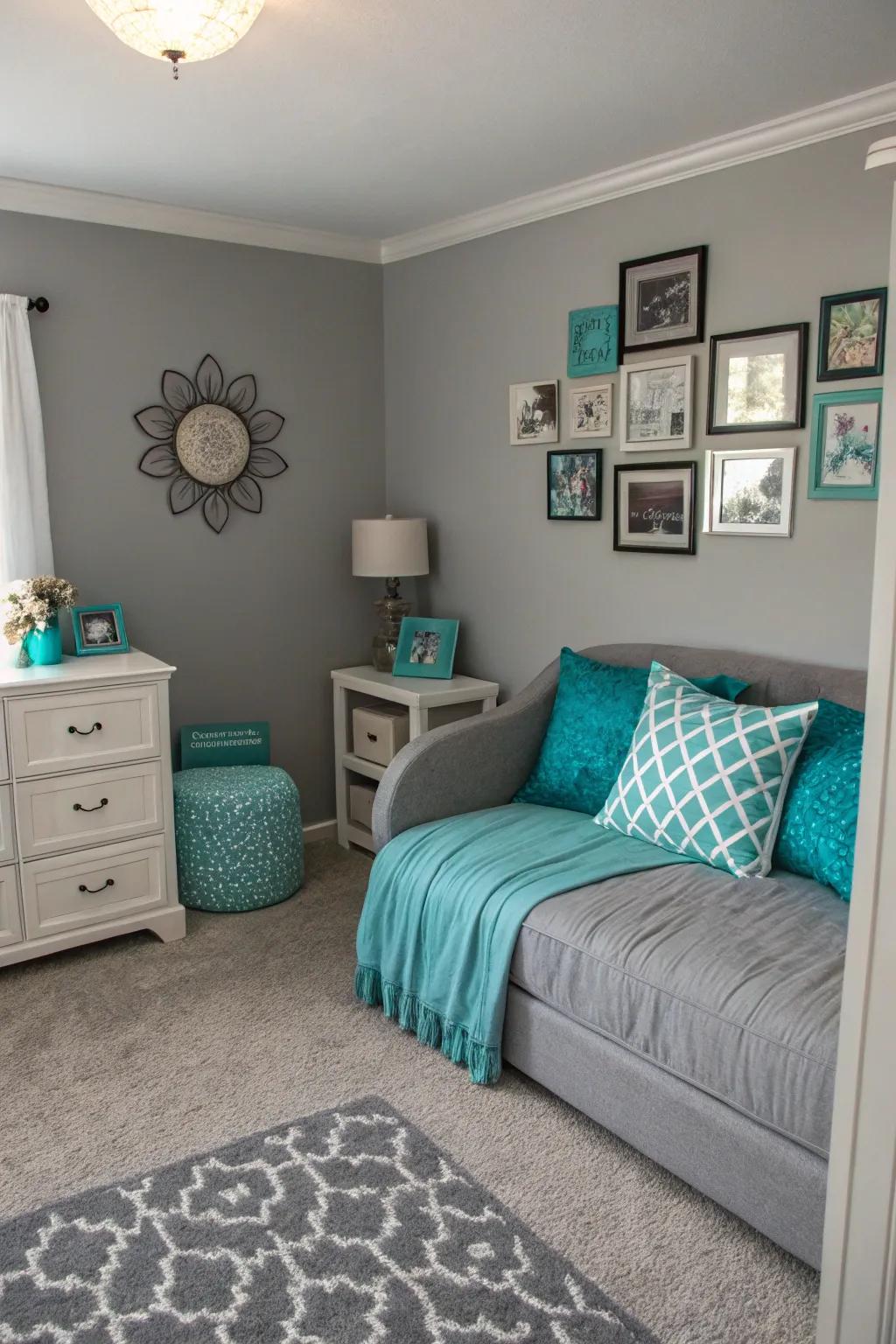 An unexpected hue delivers a lively touch to the gray scheme.