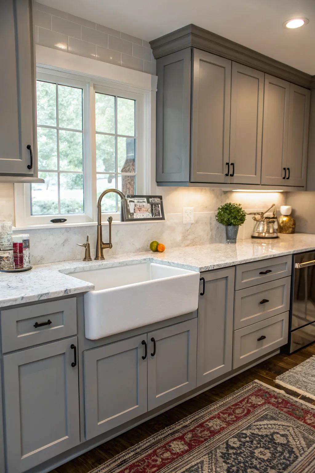 A farmhouse sink complements the rustic charm of gray cabinets.