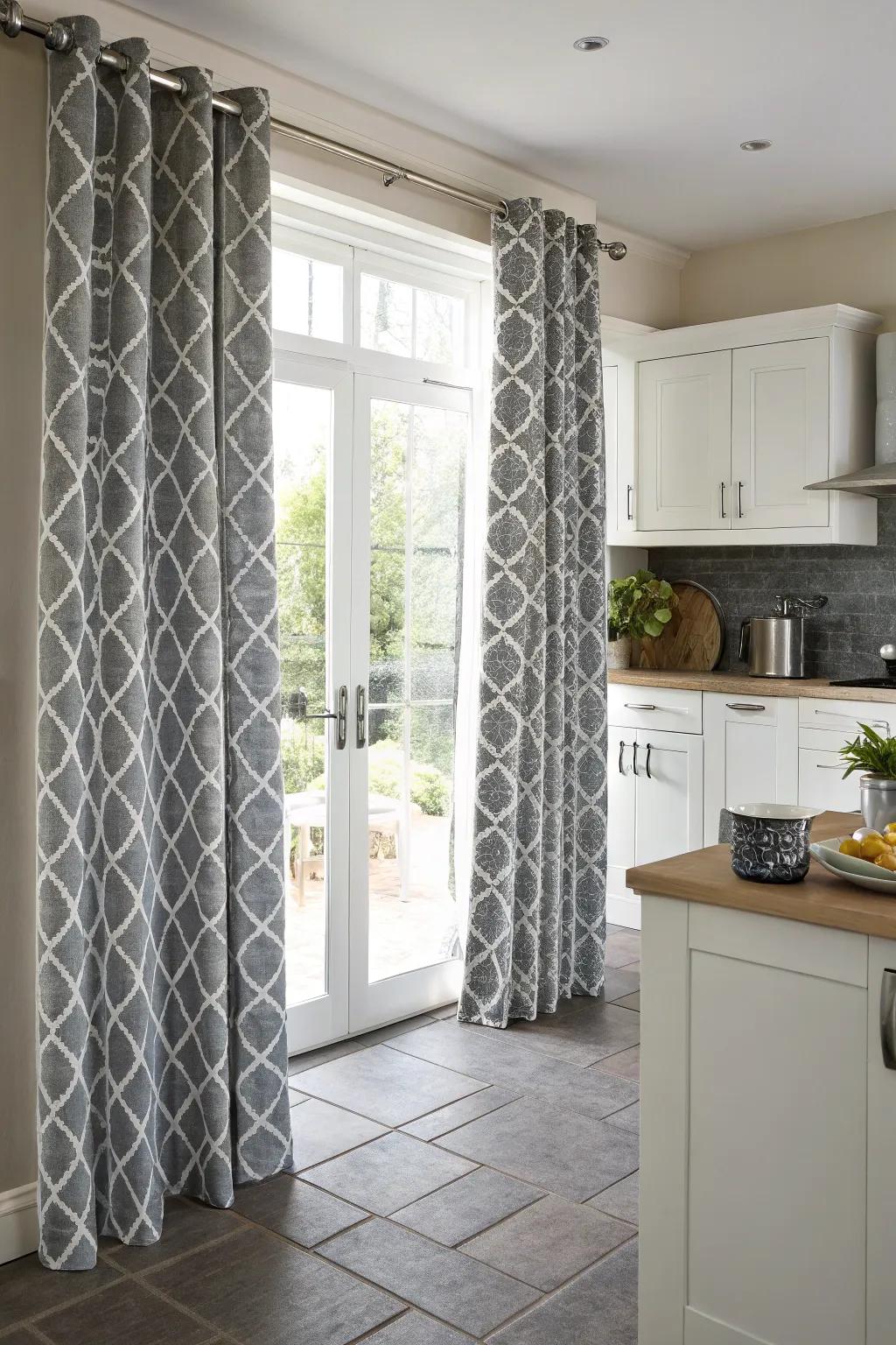 Audacious geometrical patterned gray drapes for a modern art-inspired kitchen.