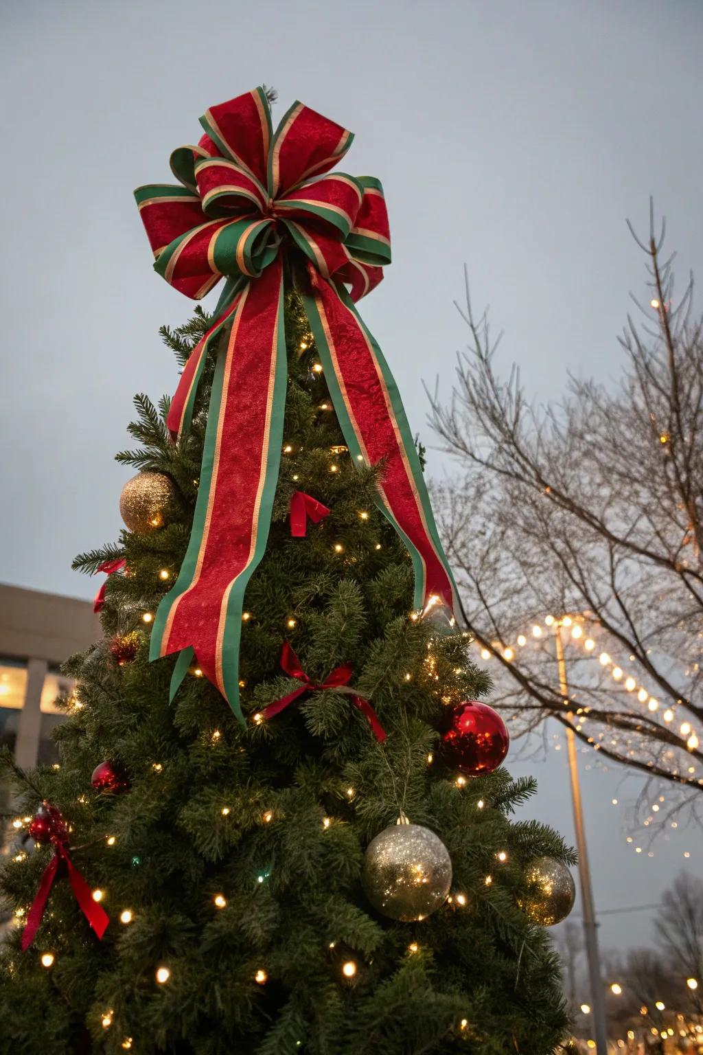 A Christmas tree featuring a unique crimson and emerald bow peak.