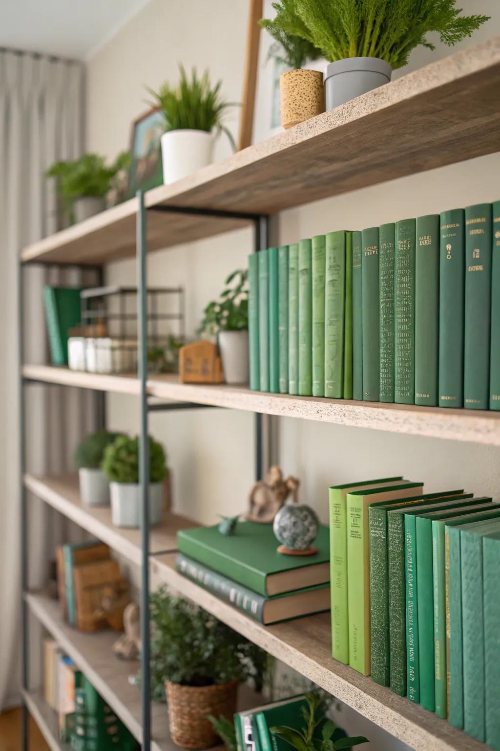 Shelves decorated with verdant-themed objects.
