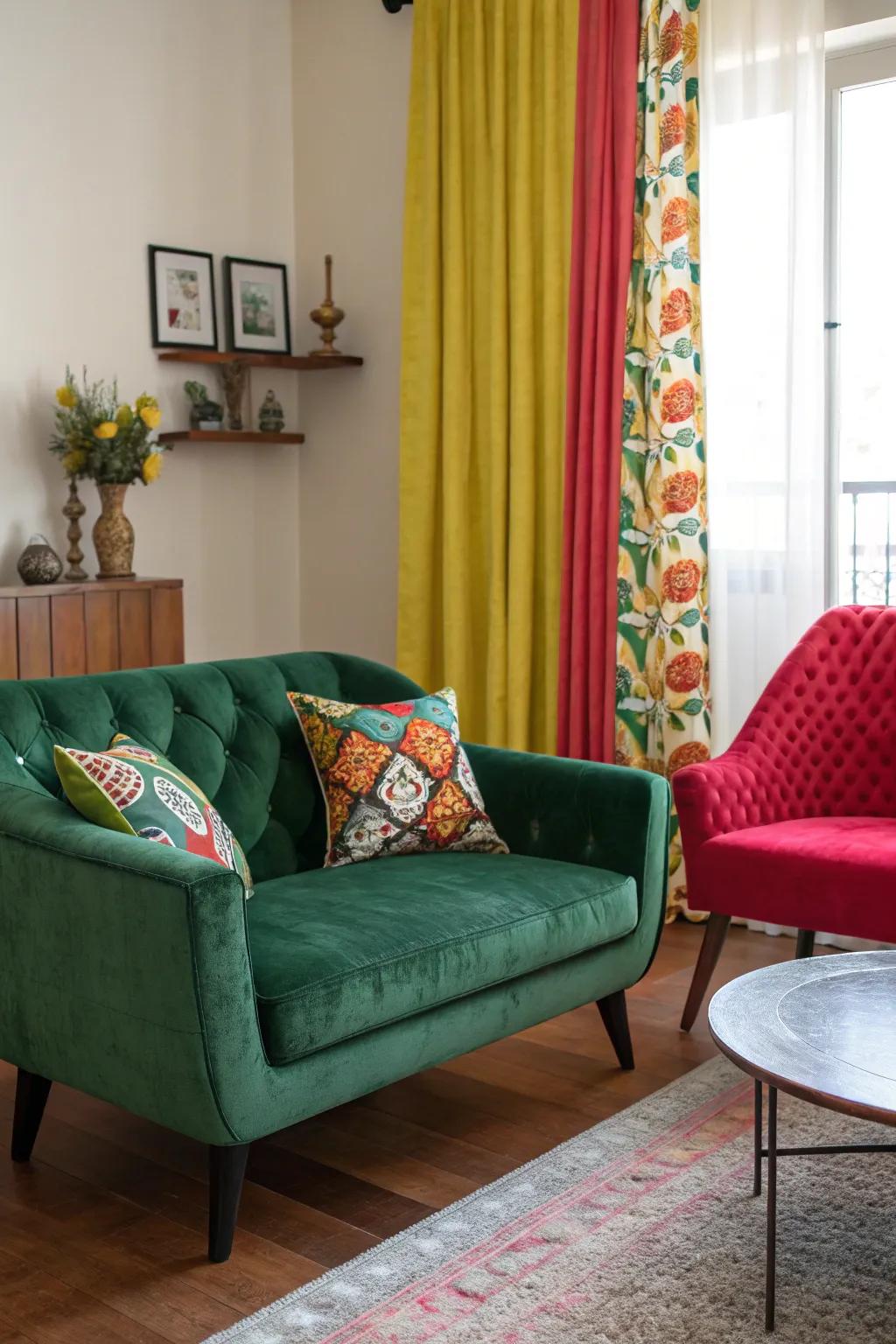 A playful lounge featuring a green velvet couch and colorful features.