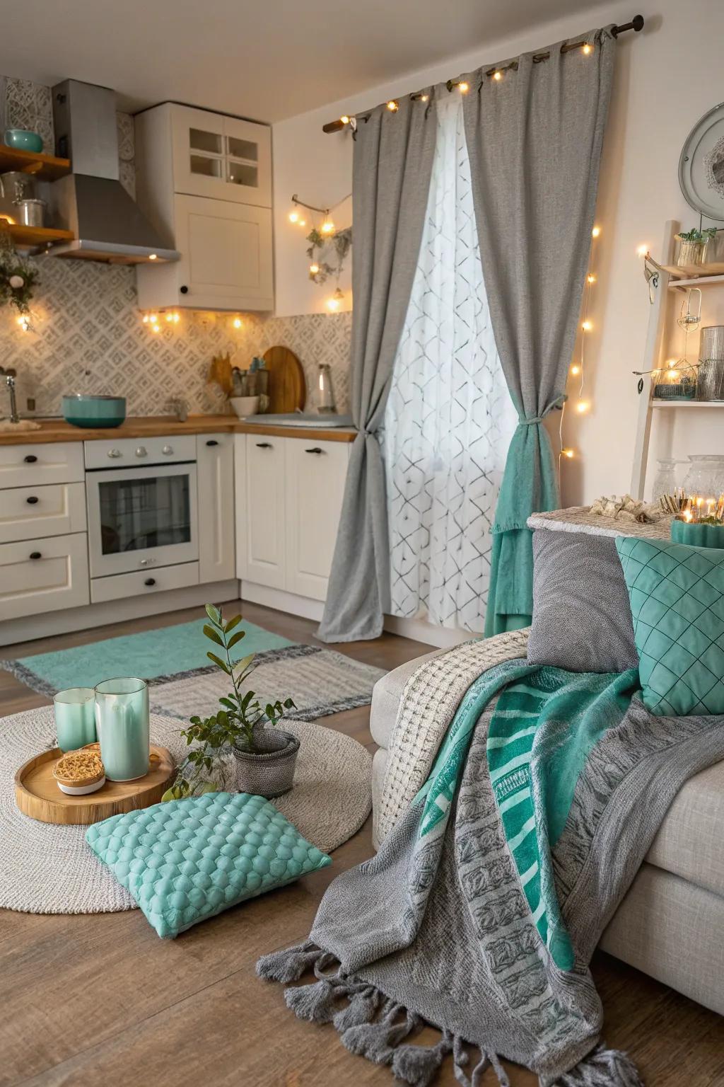 Soft furnishings in grey and turquoise add warmth and texture.