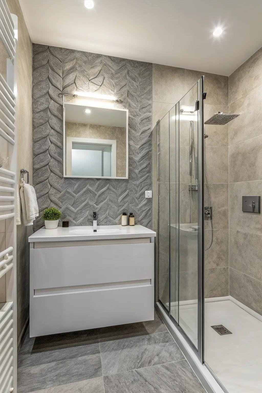 A patterned grey accent wall adds depth and curiosity.