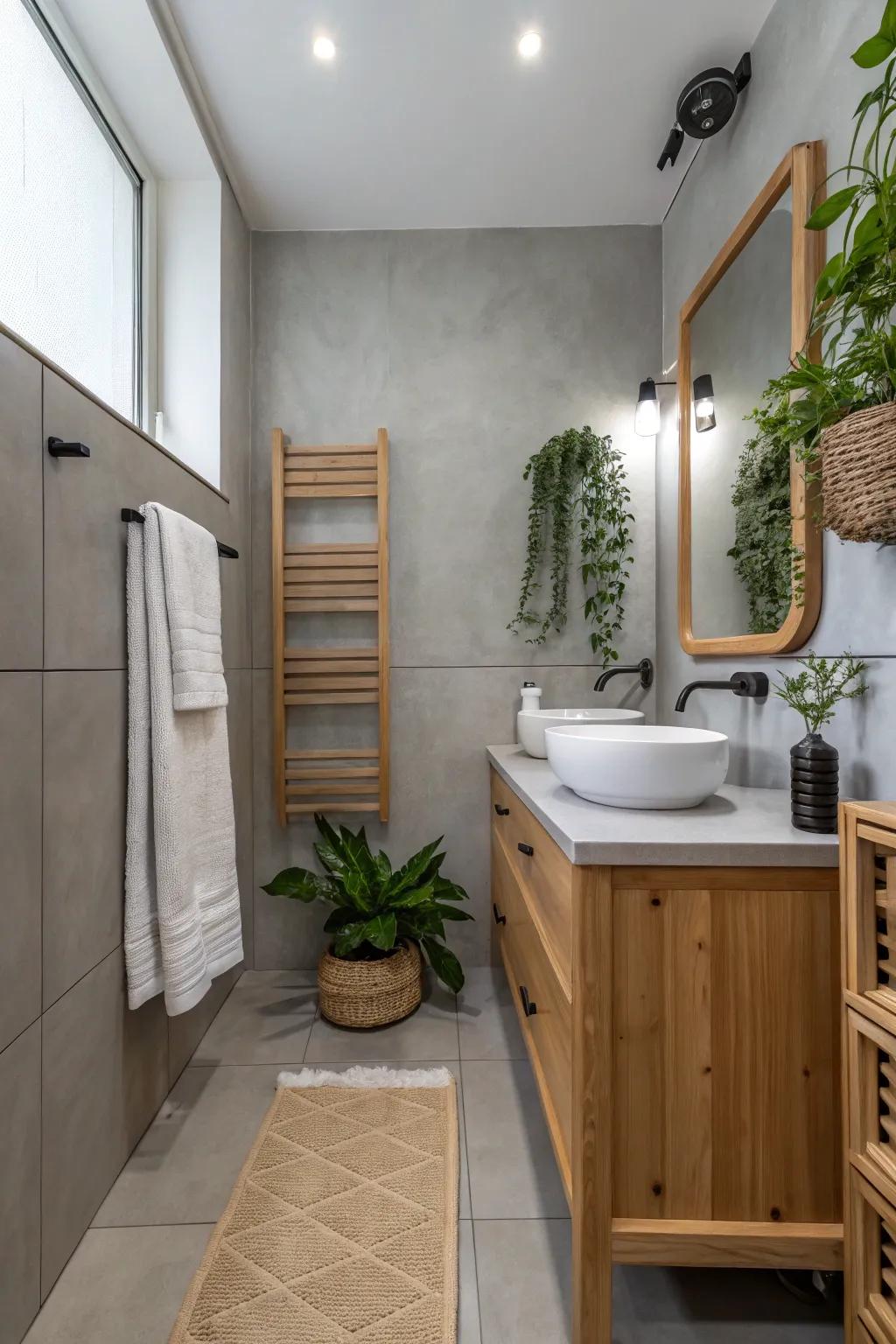 Pigeon grey partitions proffer a chic and simplistic backdrop within this minimalist lavatory.