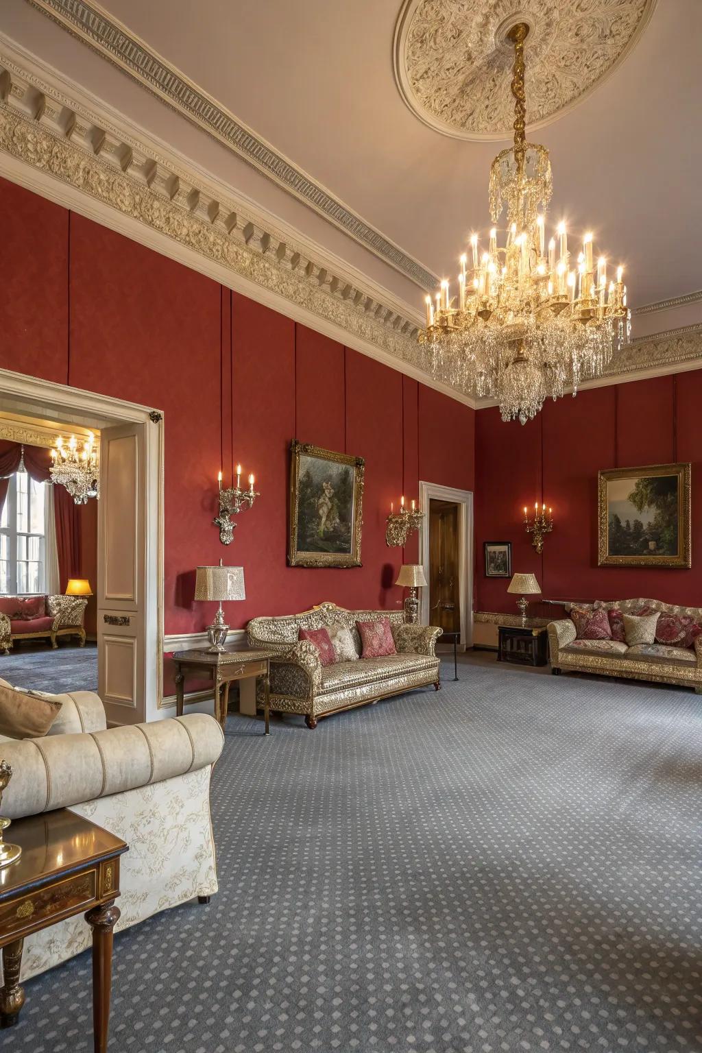 Ruby walls generate a striking, opulent juxtaposition with grey carpets.