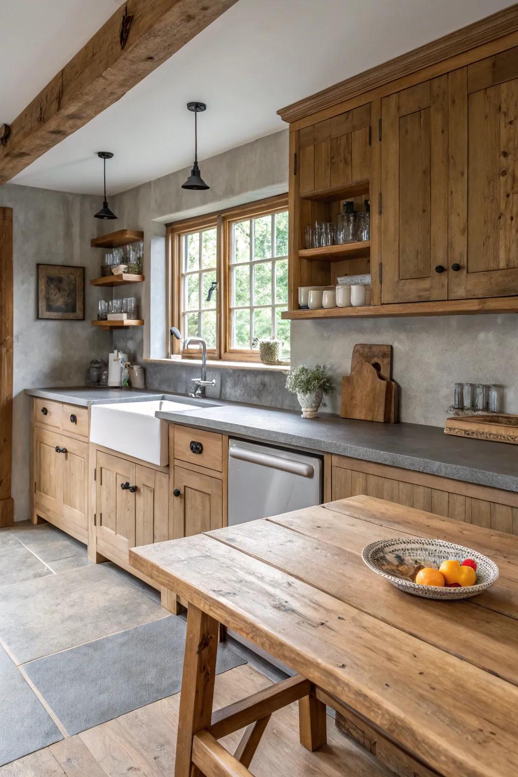 An agrarian kitchen with a modern inflection, featuring grey countertops.