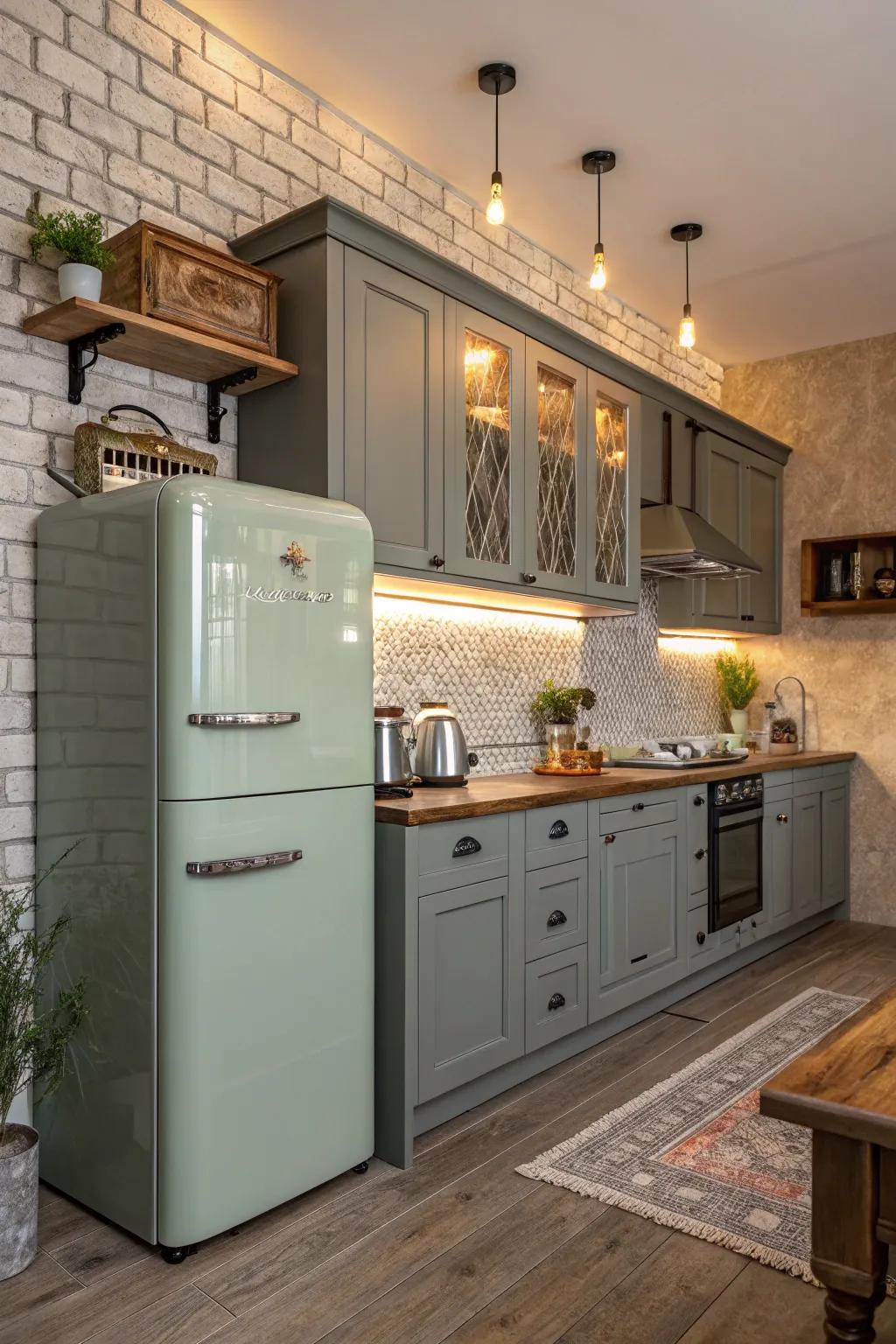 Aged appliances contribute vintage allure to grey-green cabinets.
