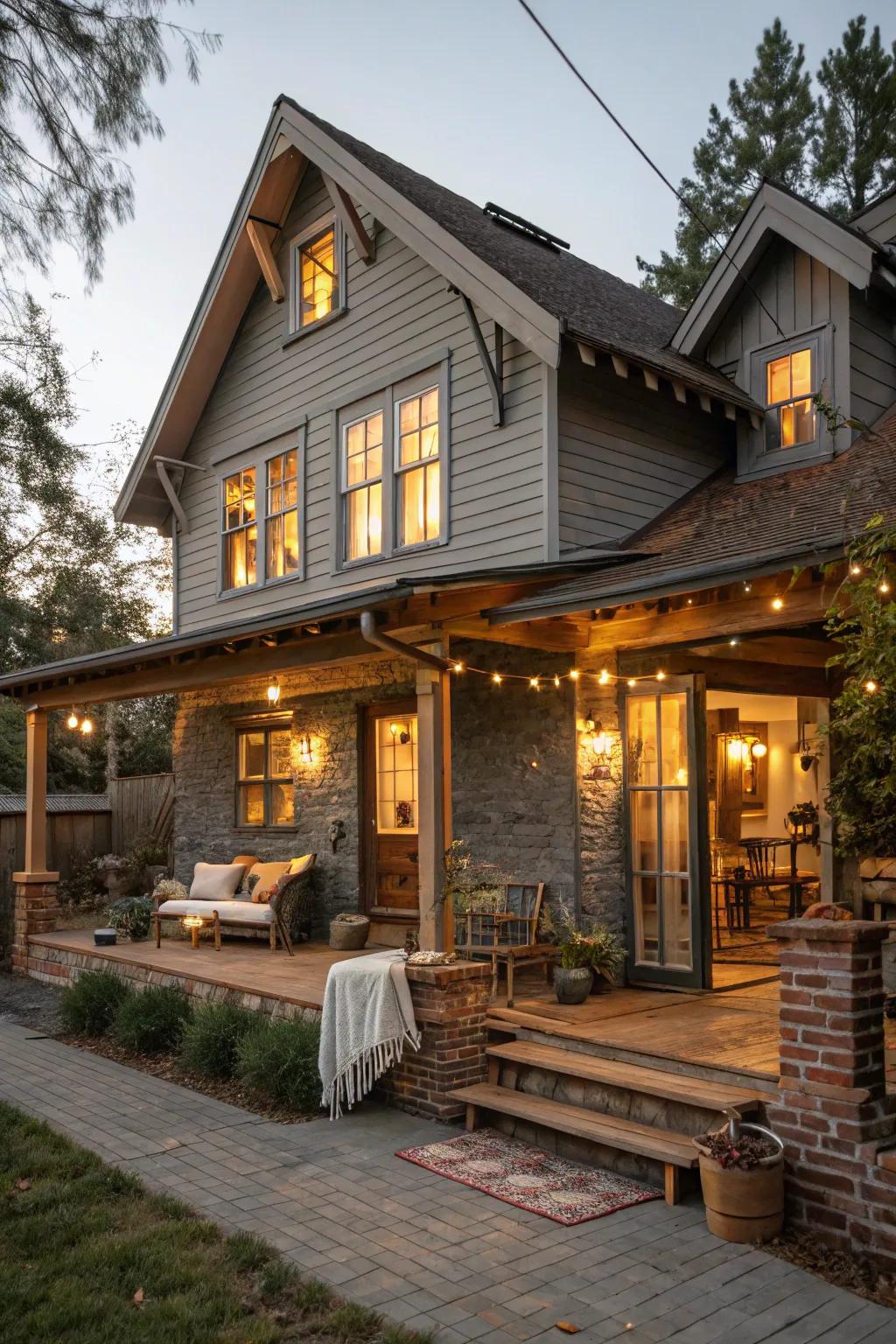 Rustic charm intertwined with grey and barn-style illumination.