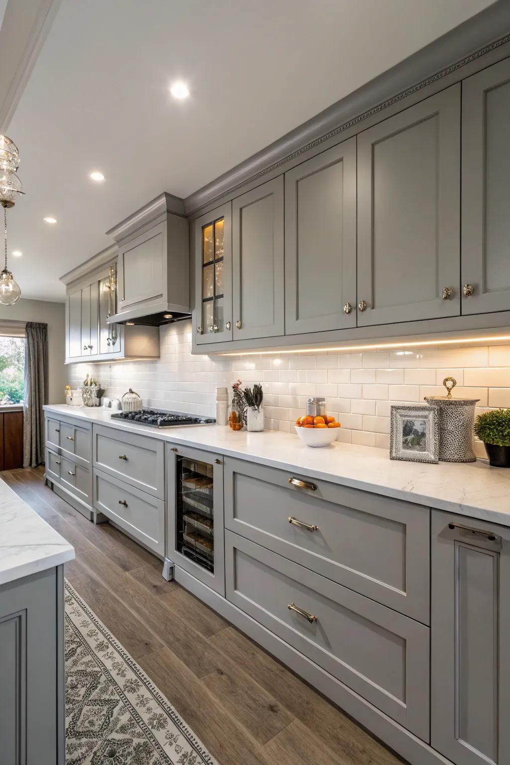 Grey and alabaster combine for a classic, timeless kitchen look.