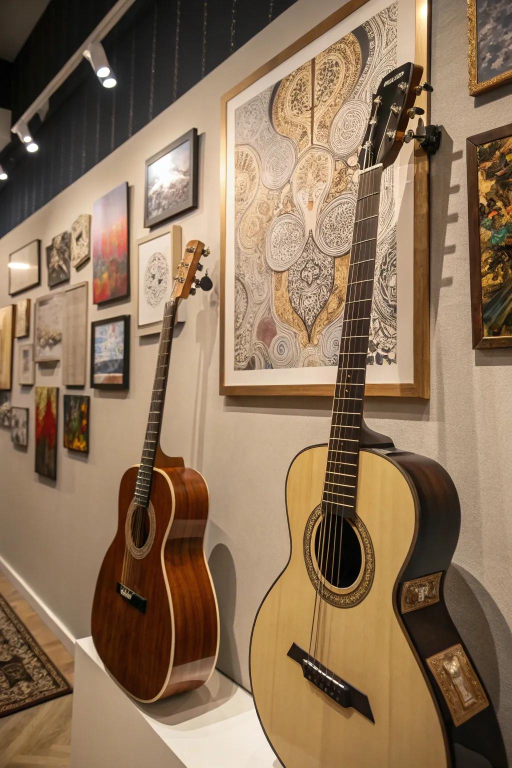 Guitars exhibited with artistry for a gallery impression.