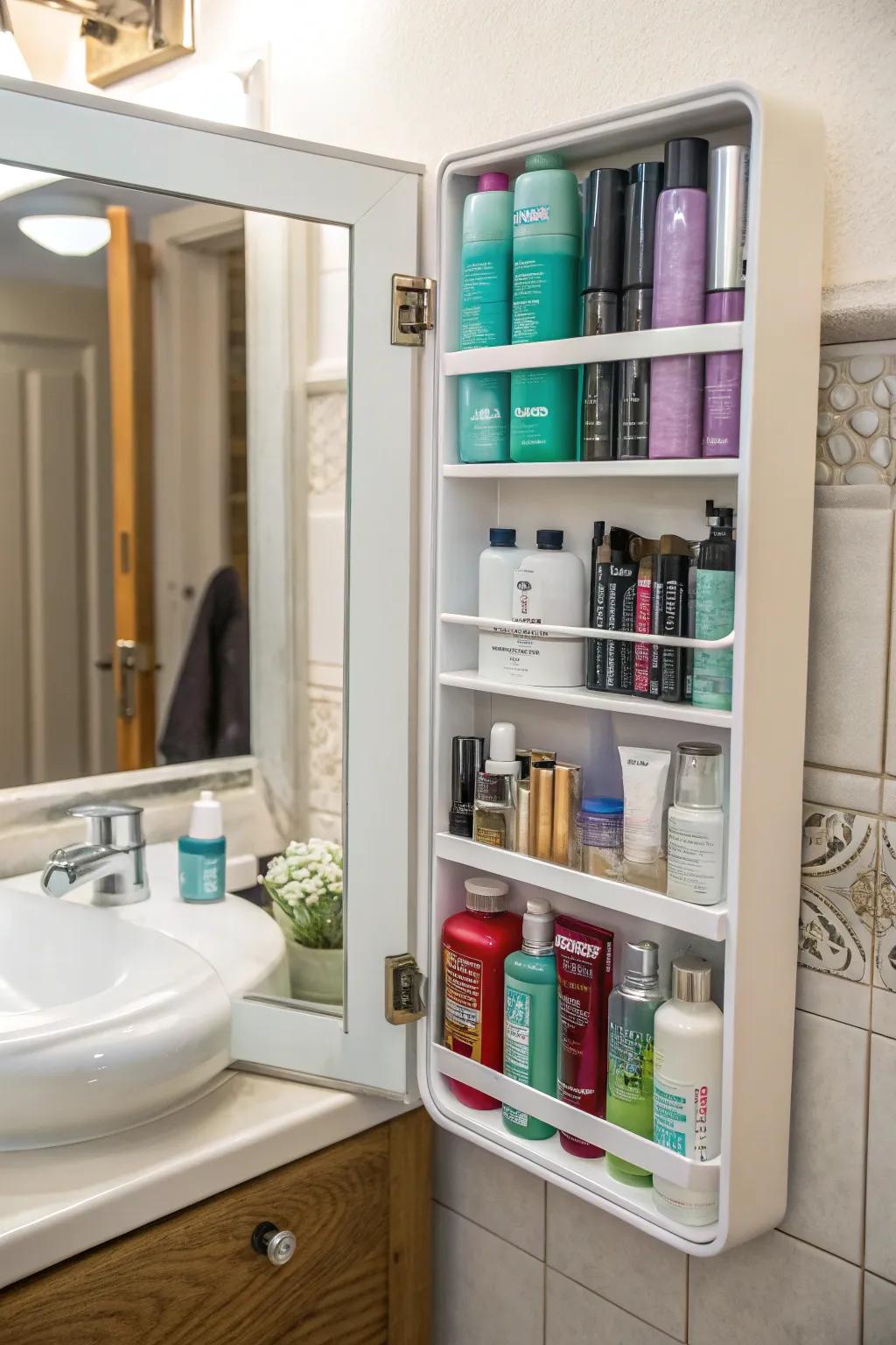 Streamlined concealed storage behind the mirror for a clutter-free appearance.