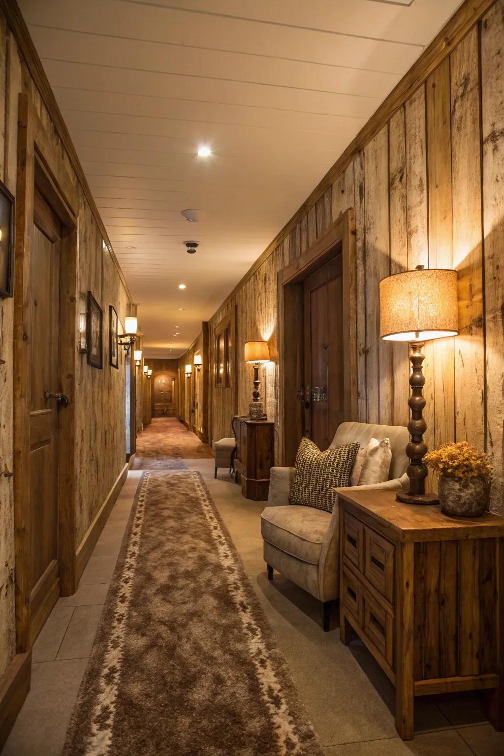 A snug hallway featuring a country timber illusion.