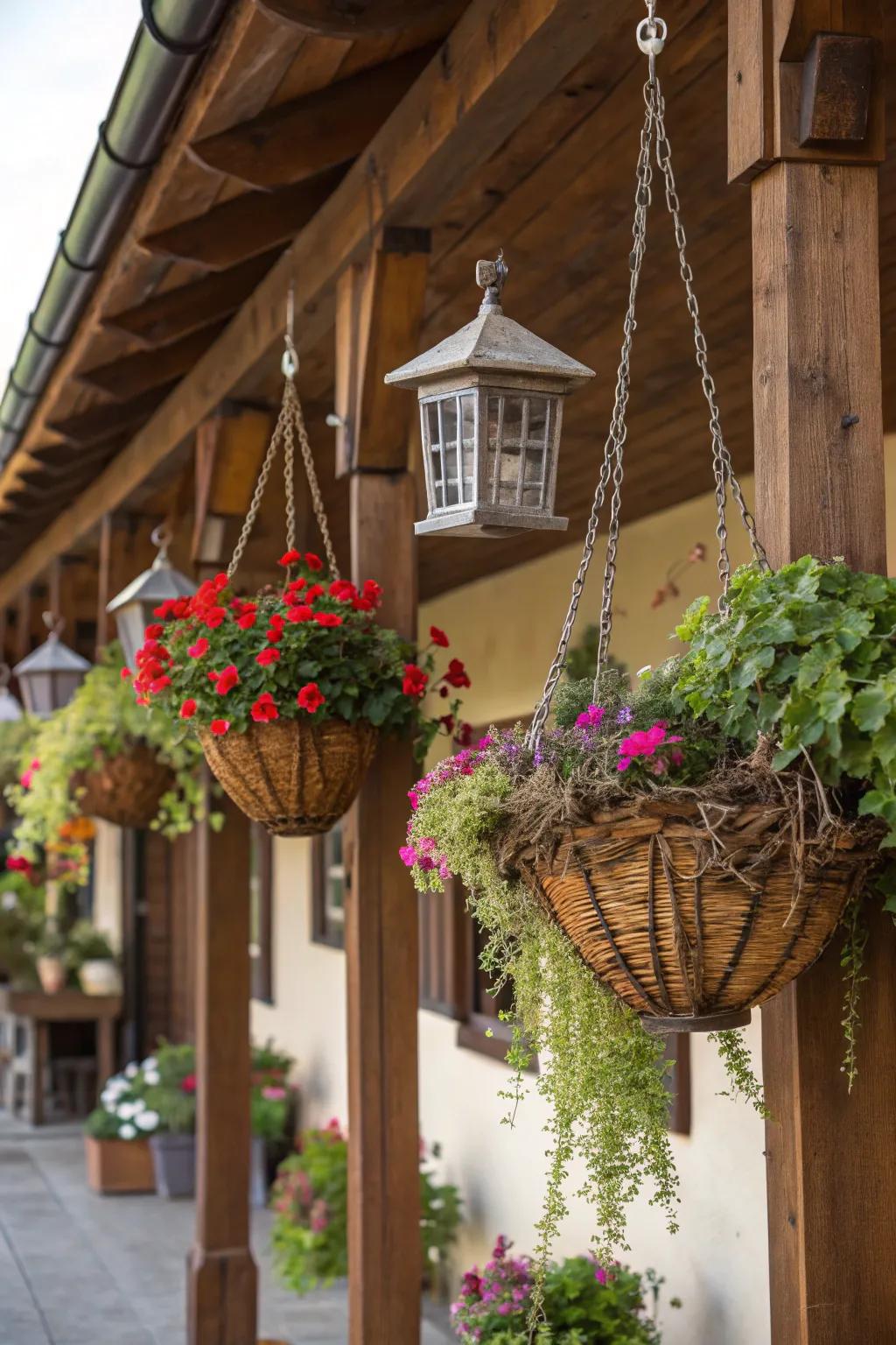 Hanging containers contribute an unaffected charm and are versatile in application.