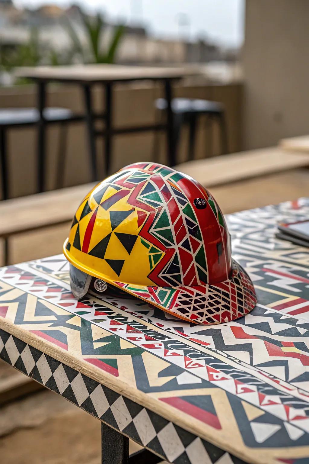 A hard hat exhibiting modern geometrical designs.
