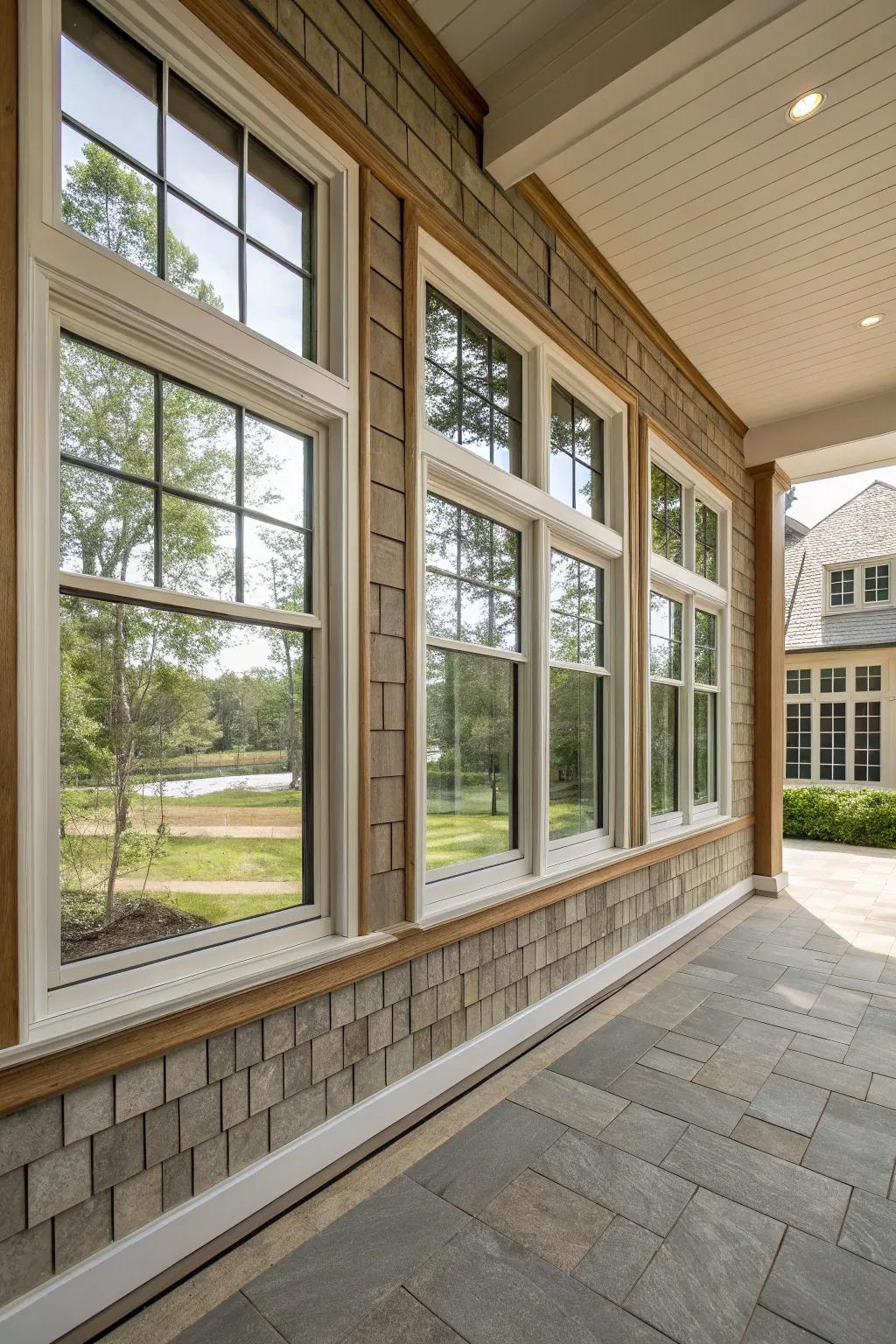 Segmented frames fashion an illusion of larger, elegant windows.