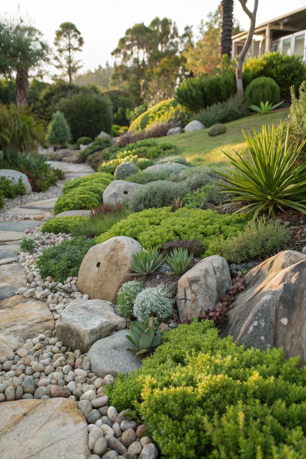 Rock gardens present a low-maintenance, visually intriguing landscape.
