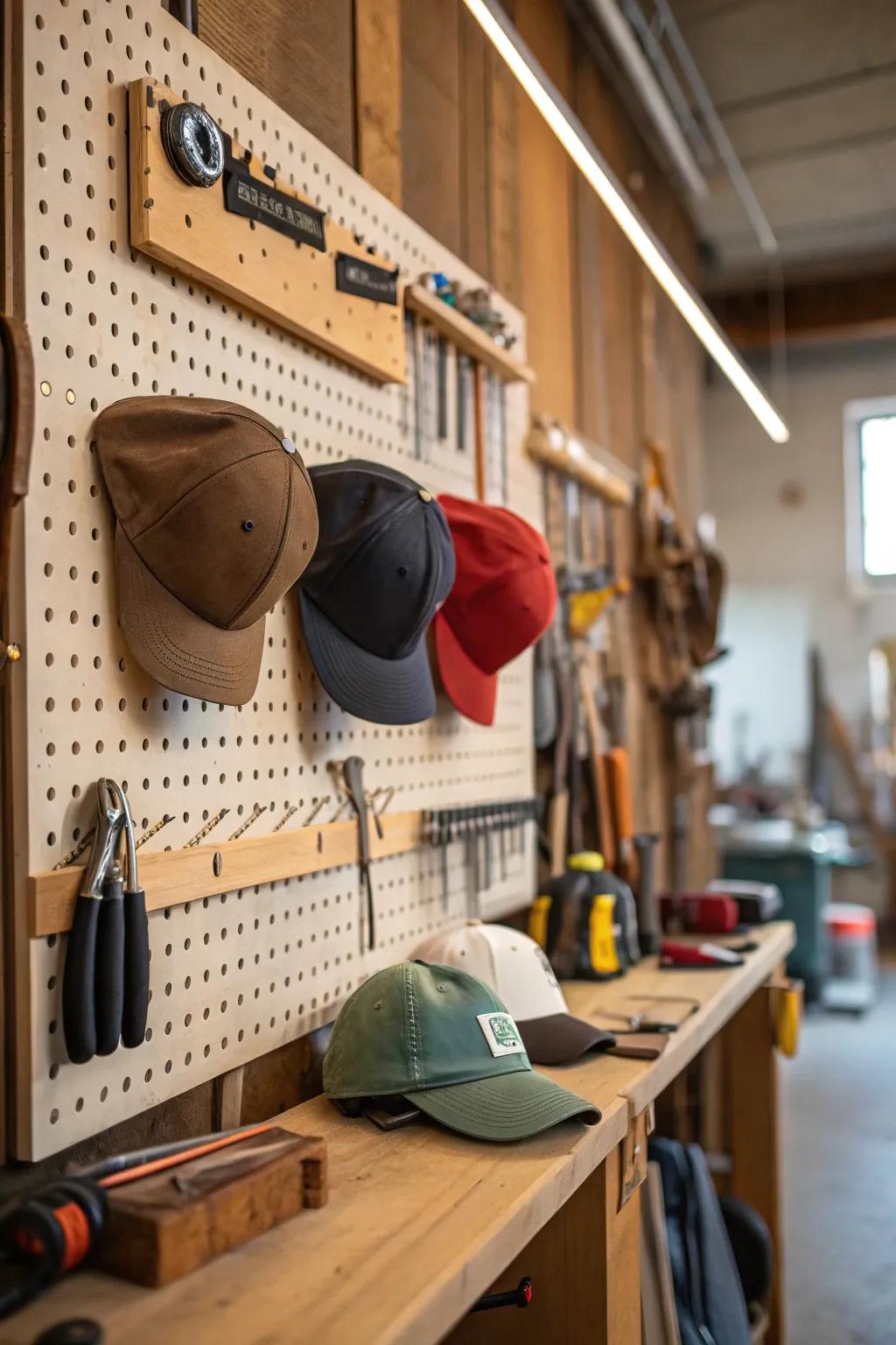 Hats suspended upon a perforated board facade.